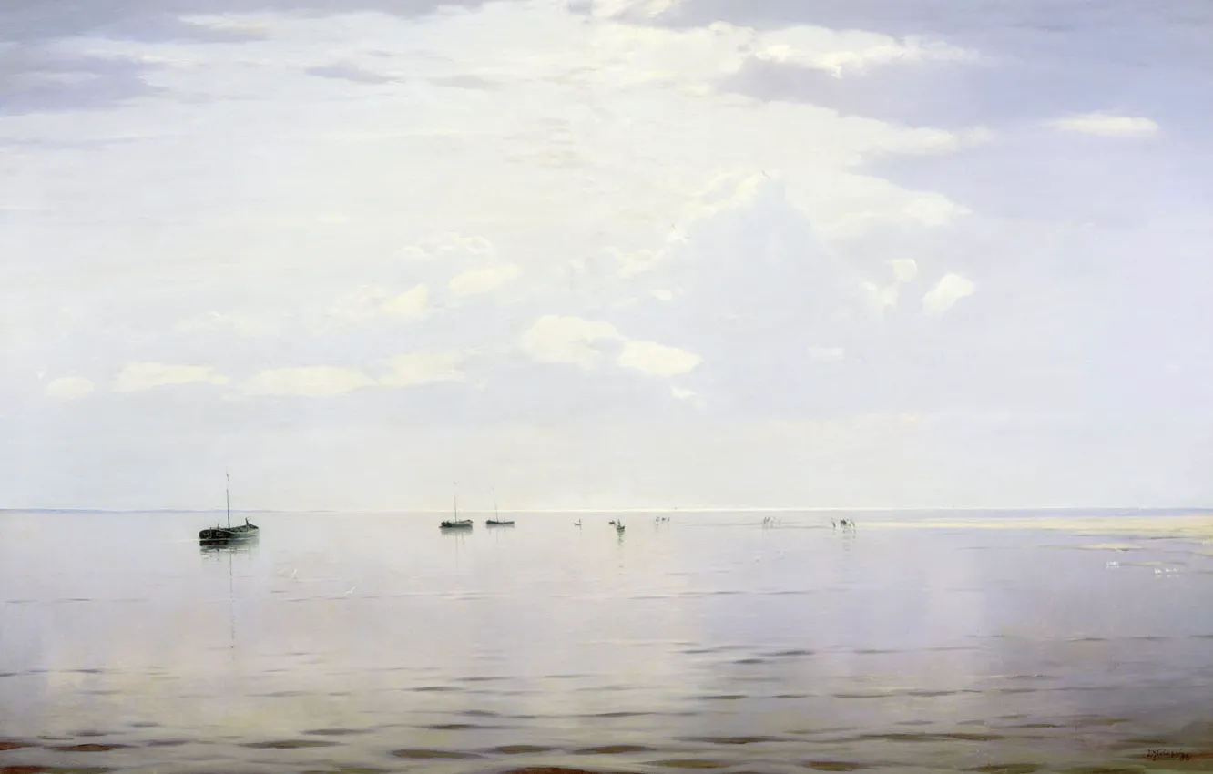 Фото обои пейзаж, картина, лодки, Николай Дубовской, На Волге