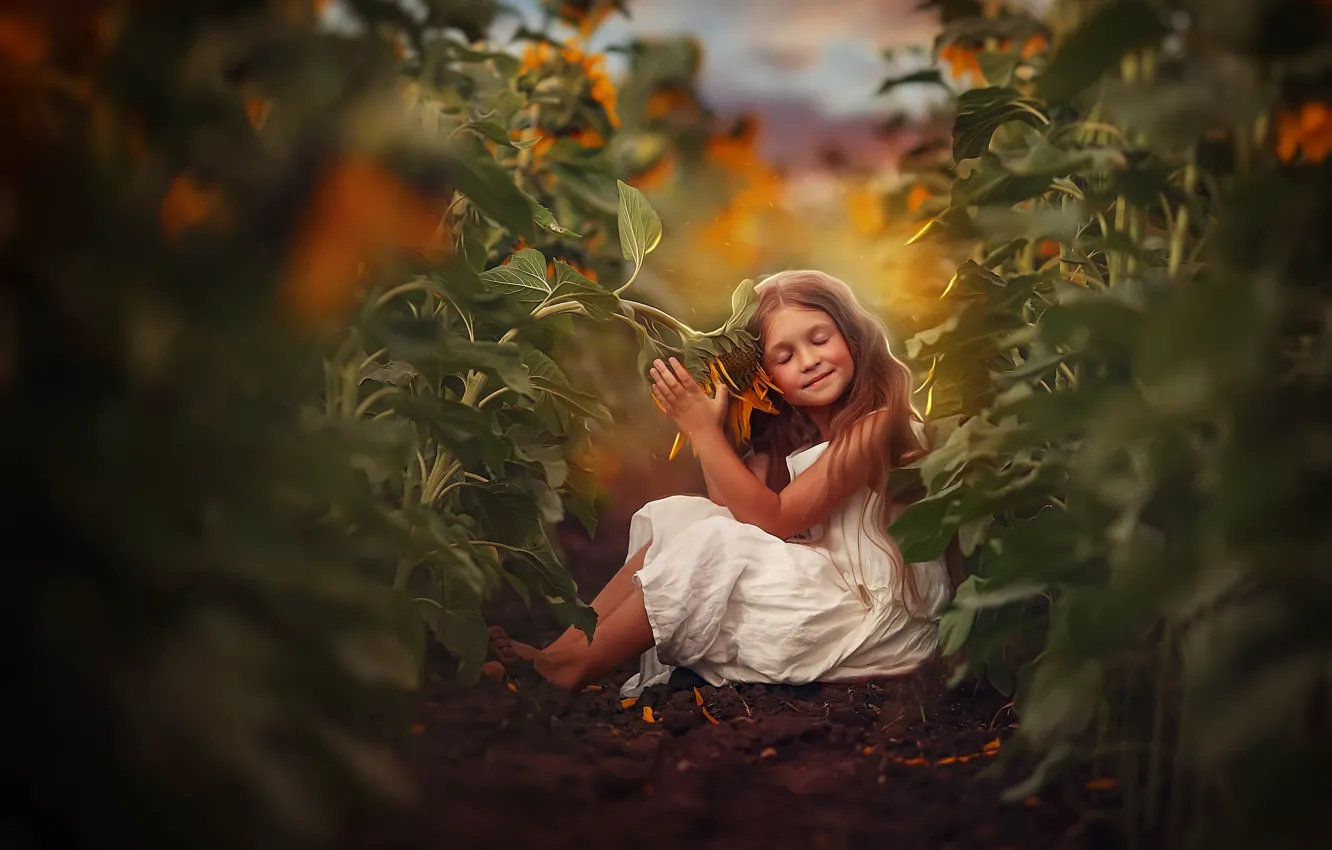 Фото обои поле, подсолнухи, природа, девочка, ребёнок, Любовь Пятовская