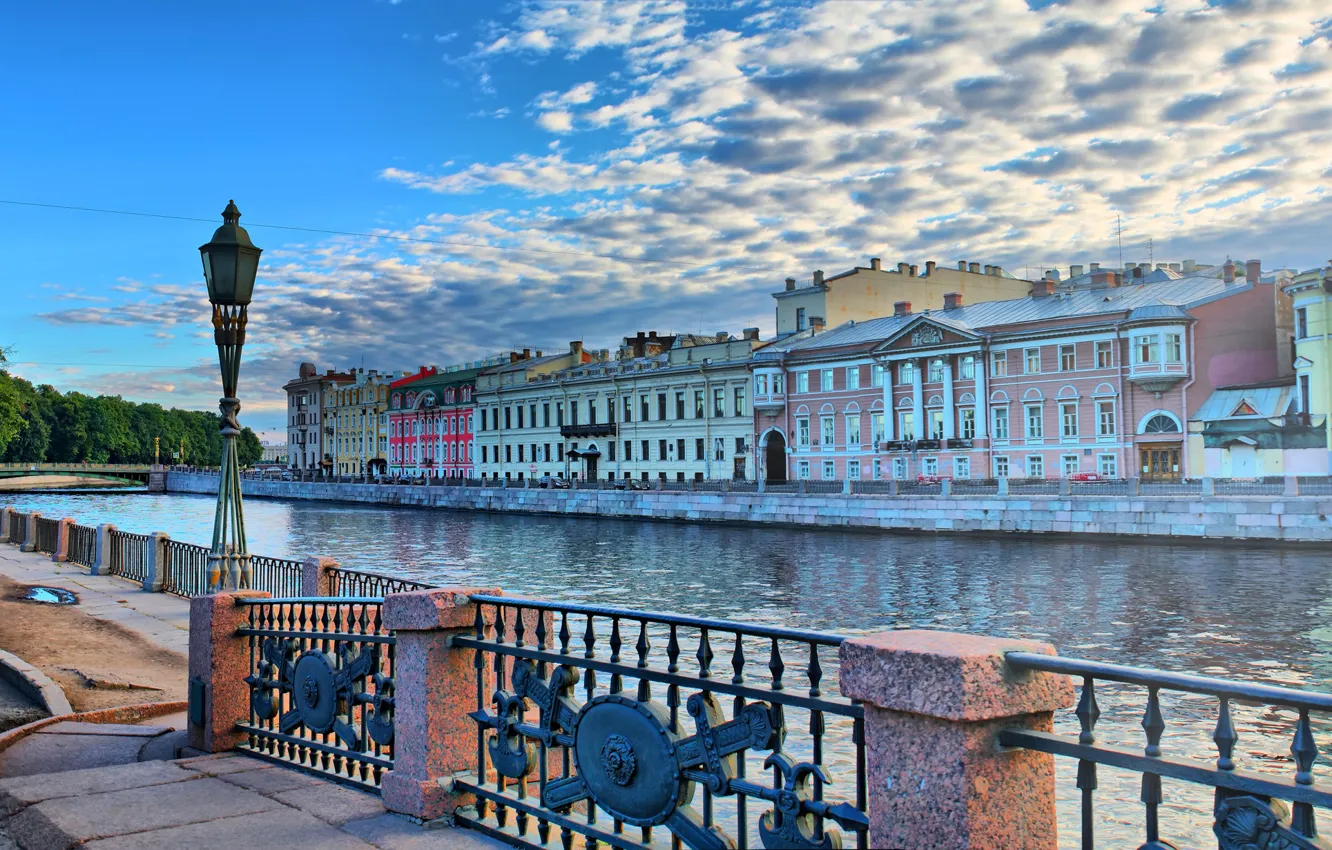 Фото обои мост, река, рассвет, фонарь, гранит, фонтанка, Санкт Петербург, набережная Фонтанки