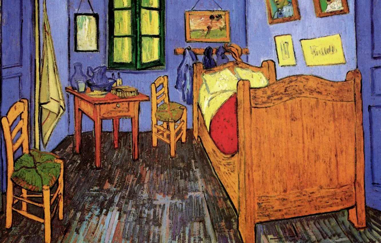 Фото обои стол, комната, кровать, стулья, окно, Vincent van Gogh, портреты, Vincent s Bedroom in Arles