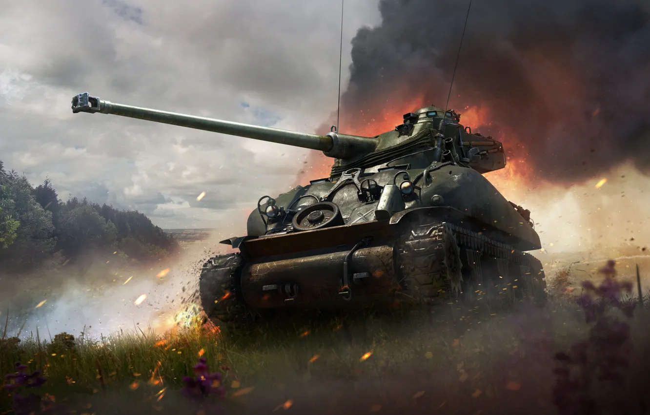 Фото обои природа, река, луг, танк, War Thunder