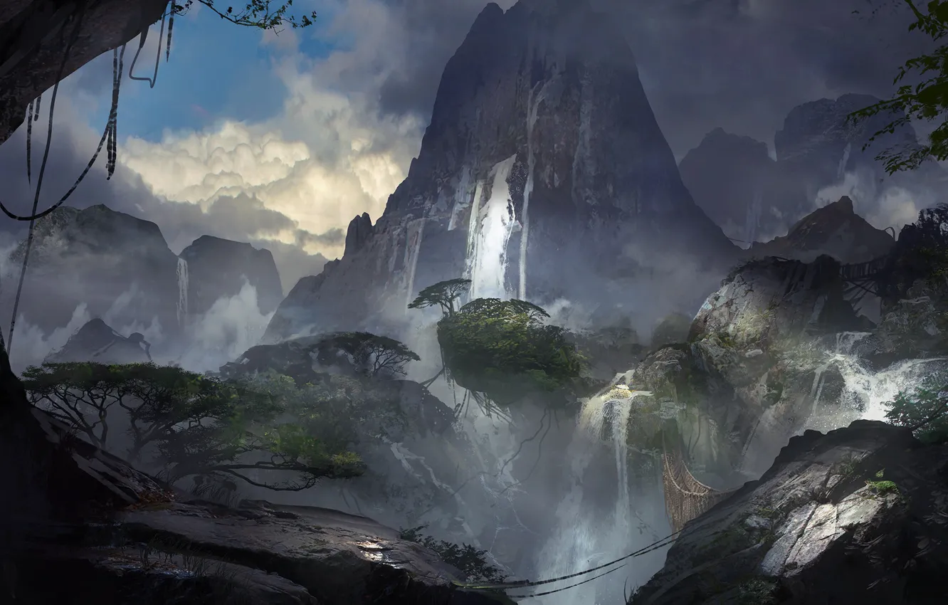 Фото обои деревья, горы, водопад, waterfall, виадук