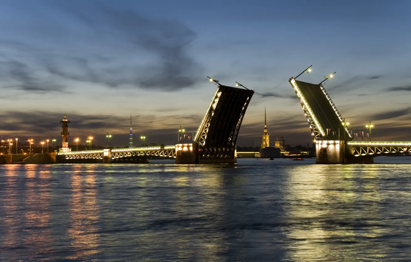 Фото обои ночь, мост, город, Питер, Санкт-Петербург, фонарь, Россия, мосты