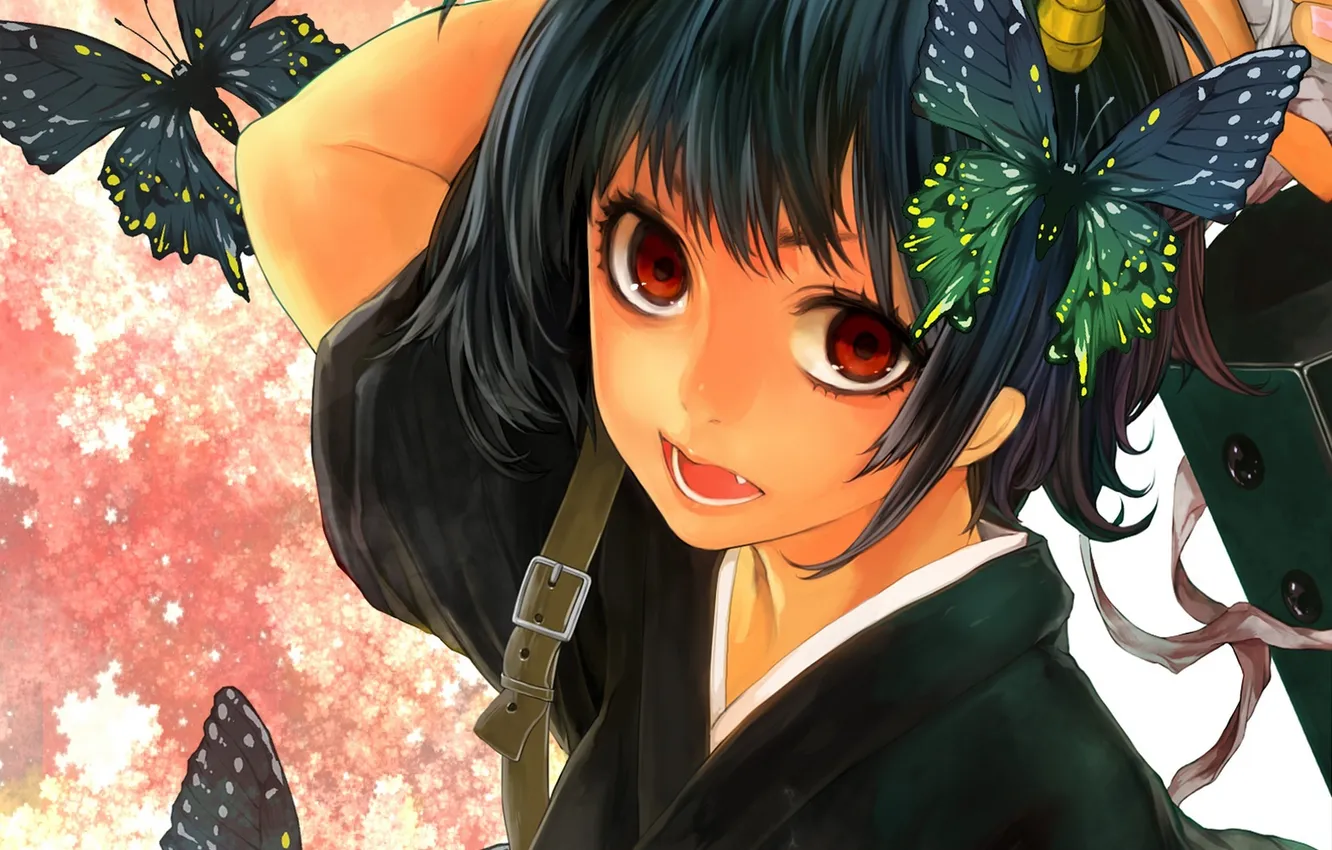 Фото обои девушка, бабочки, оружие, меч, аниме, арт, gintama, tcb