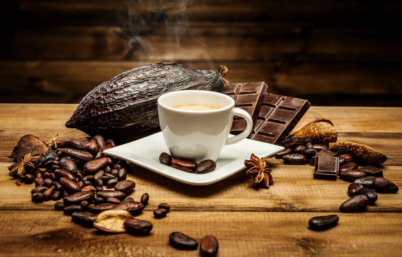 Фото обои шоколад, чашка, wood, кофейные зёрна, Coffee, Chocolate, Cocoa, bean
