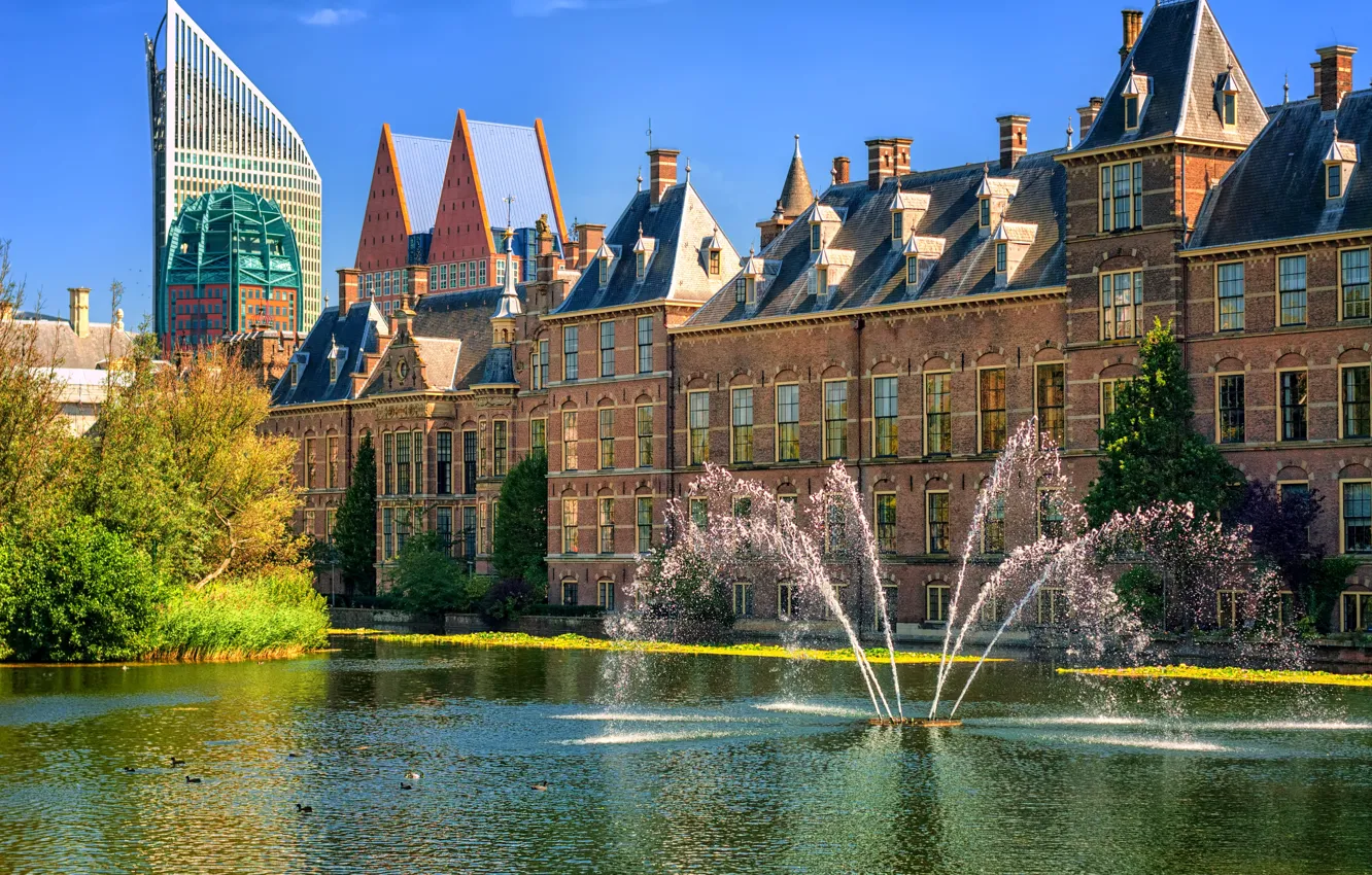 Фото обои Нидерланды, фонтаны, Голландия, Гаага, The Hague, Binnenhof, Binnenhof palace