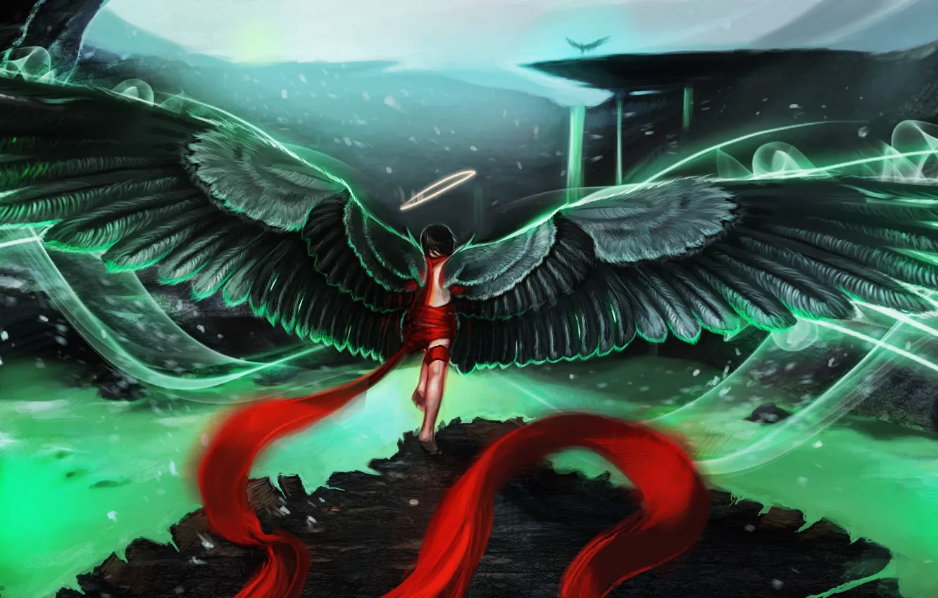 Фото обои девушка, горы, крылья, лента