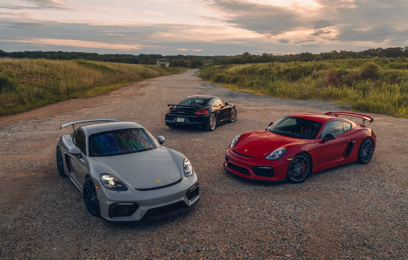 Фото обои car, Porsche, road, field, sunlight, GT4, headlights, taillights