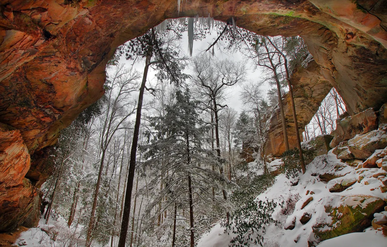 Фото обои зима, снег, деревья, скала, арка, США, Огайо, Винтон