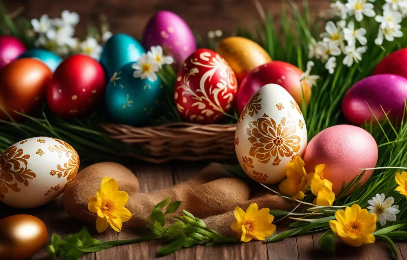 Фото обои цветы, яйца, весна, colorful, Пасха, happy, flowers, spring