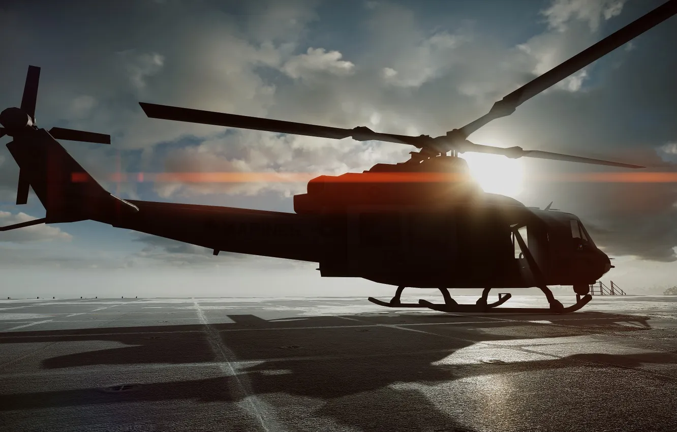 Фото обои Солнце, Лучи, Тени, Helicopter, Battlefield 4, UH-1Y «ВЕНОМ»