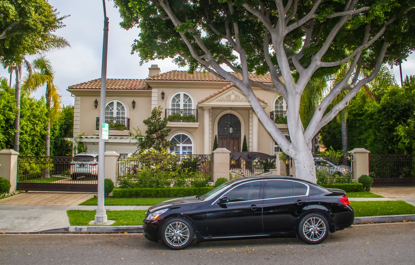 Фото обои деревья, дом, улица, Калифорния, США, автомобили, Beverly Hills, Беверли-Хиллз