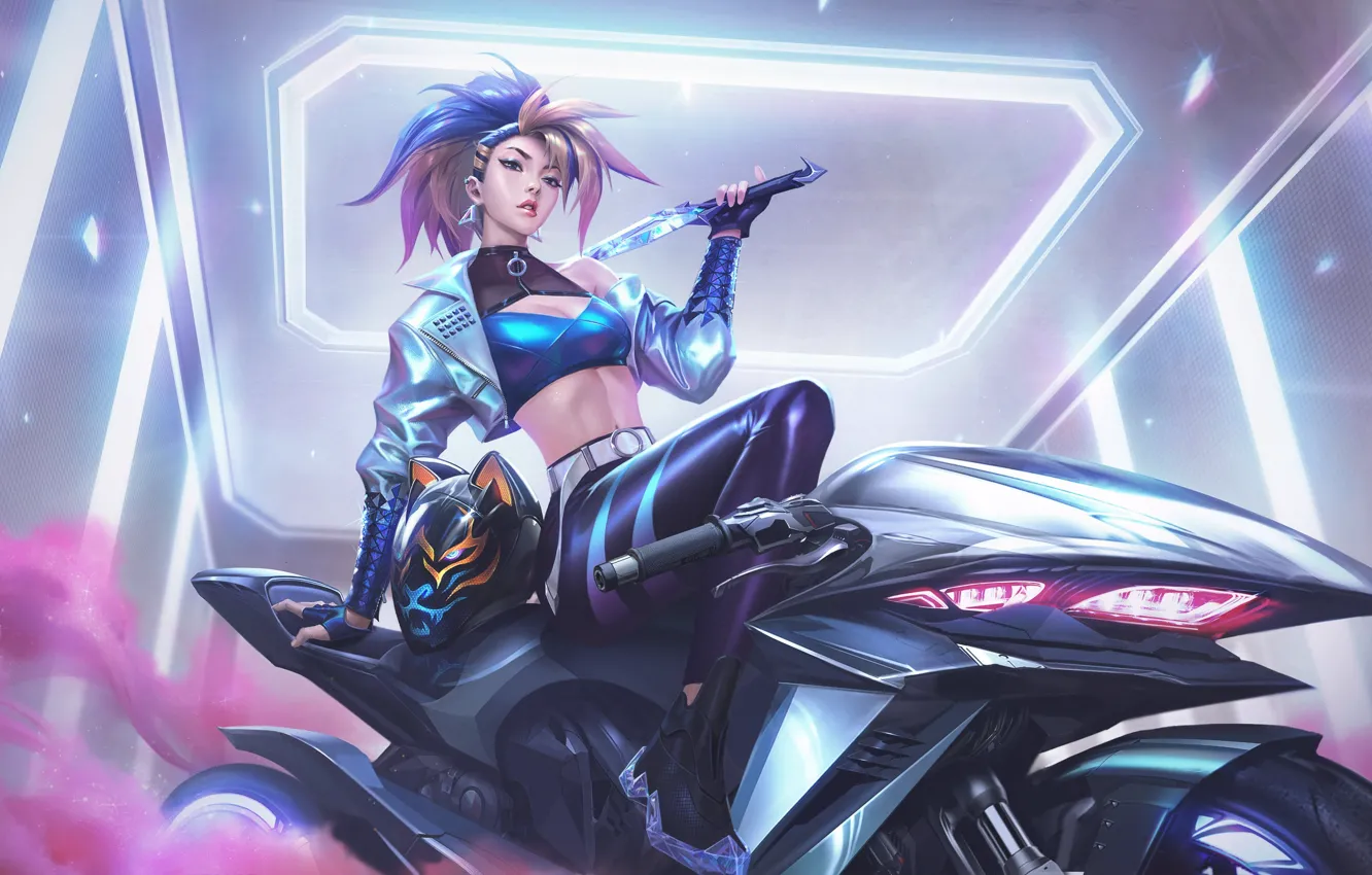 Фото обои cleavage, long hair, smoke, weapon, motorcycle, Akali, League of Legends, helmet