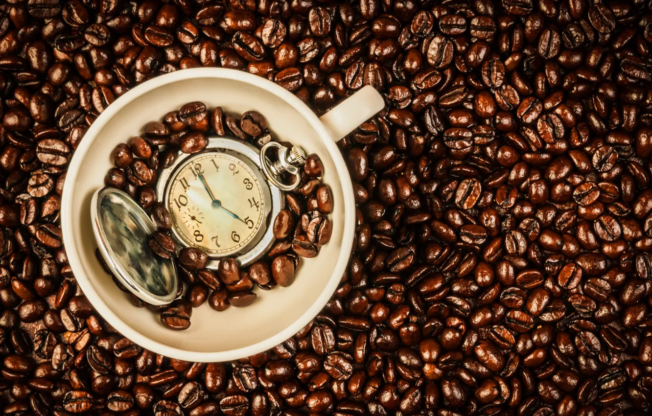 Фото обои часы, кофе, зерна, чашка, beans, coffee, time