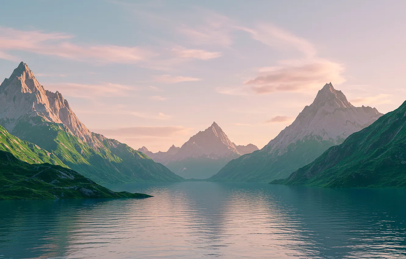 Фото обои горы, озеро, обои, рисунок, арт, wallpaper, art, mountains