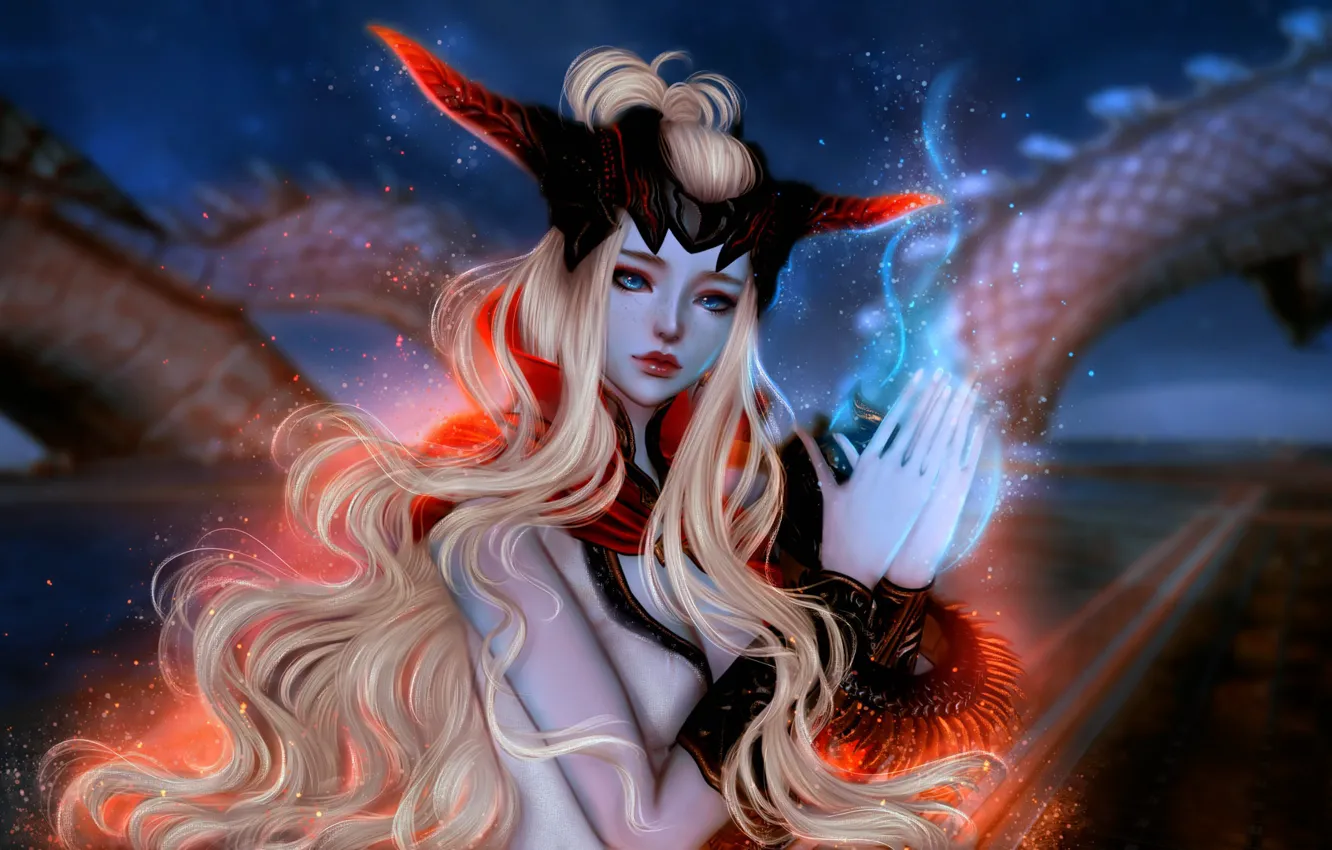Фото обои магия, дракон, фэнтези, арт, Blue magic, Mila Milova