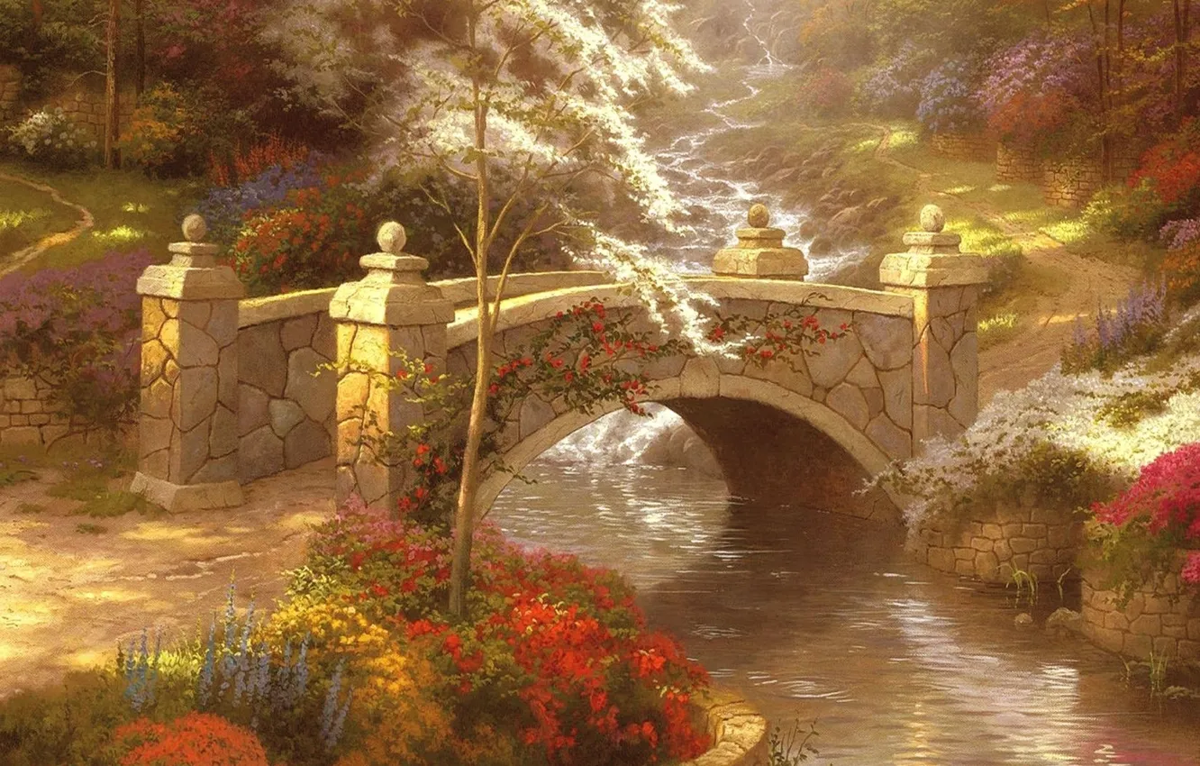 Фото обои деревья, река, ручей, тропа, Мост