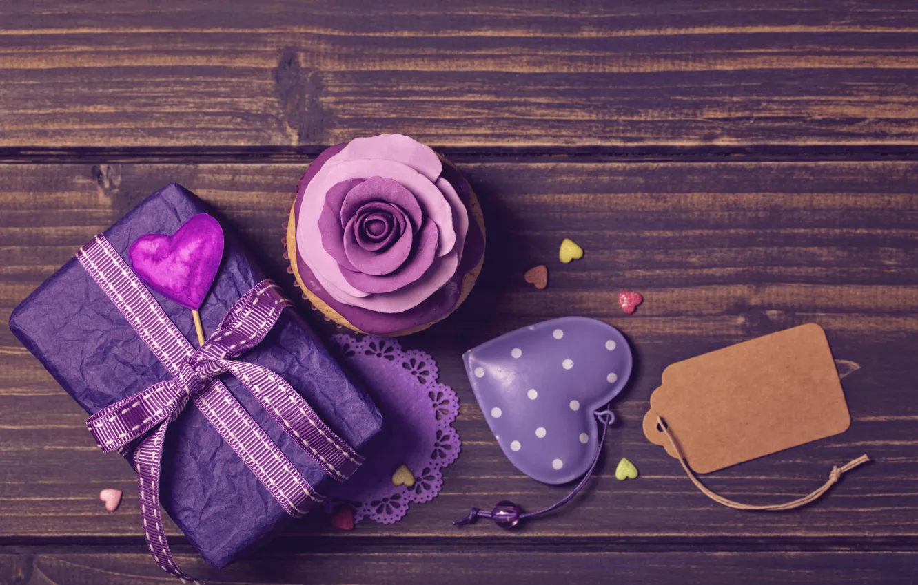 Фото обои подарок, роза, лента, сердечки, украшение, декор, Valentine's Day, кекс