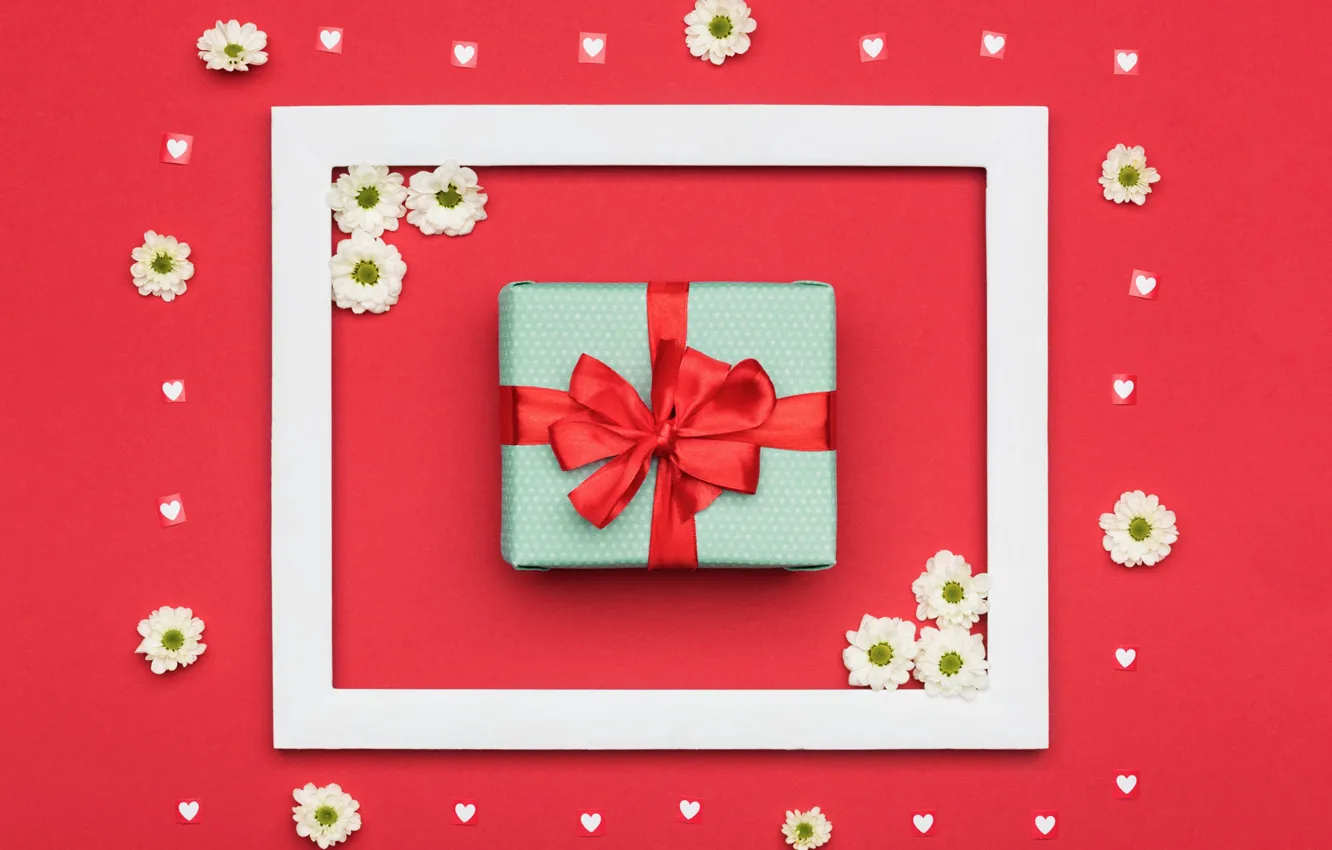 Фото обои цветы, красный, квадратики, фон, праздник, коробка, подарок, цвет