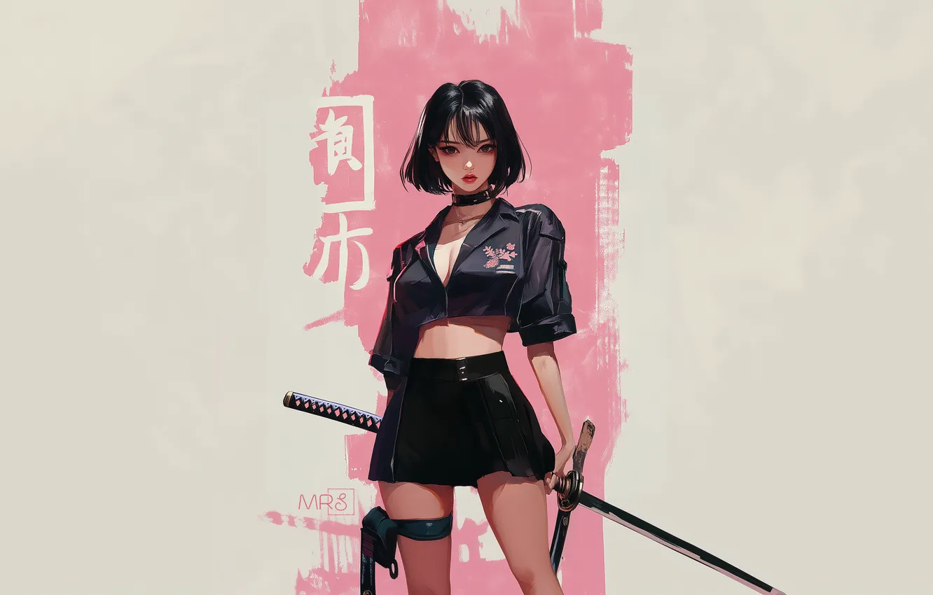 Фото обои Asian, short hair, painting, miniskirt, Japanese art, AI art, black skirts, holding katana