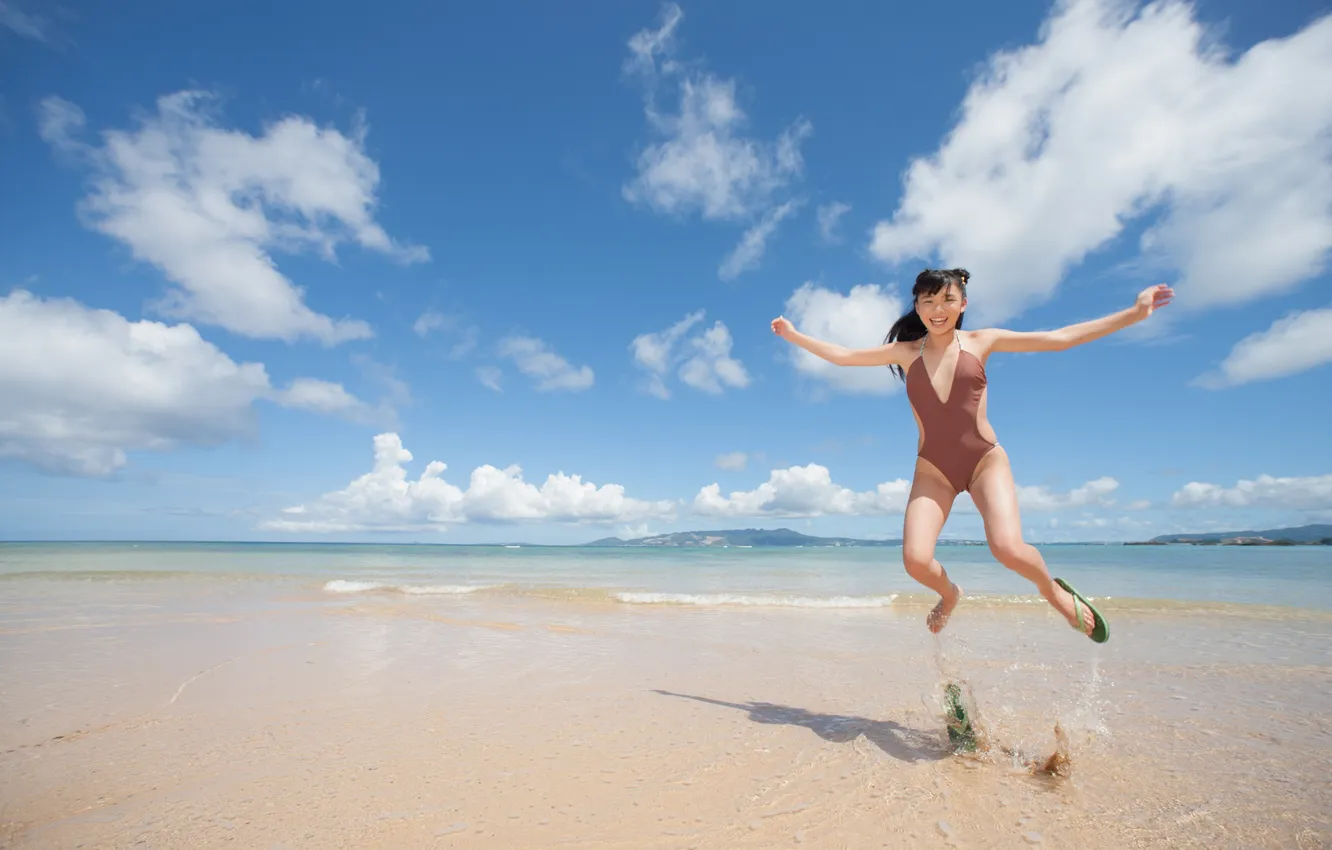 Фото обои Swimsuit, Clouds, Sky, Beautiful, Asian, Model, Coast, Water
