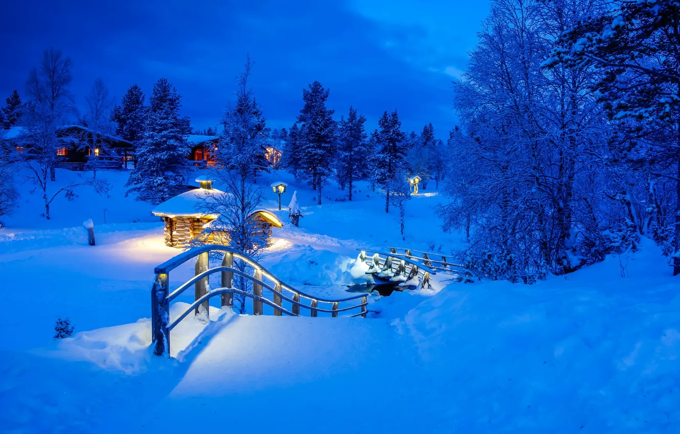 Фото обои зима, снег, деревья, мост, деревня, сугробы, Финляндия, Finland