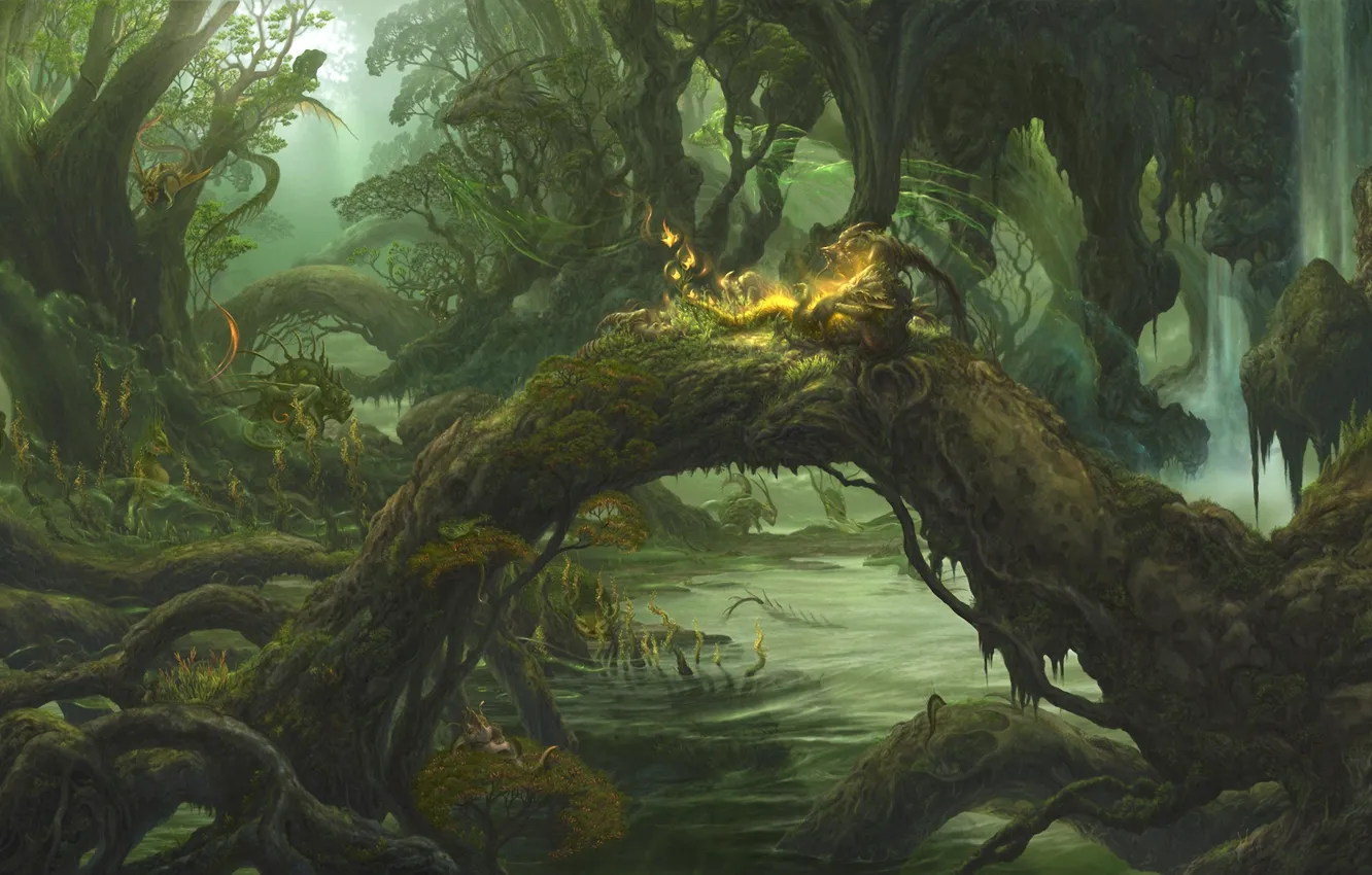 Фото обои лес, вода, драконы, дух, чаща, арт, ucchiey, kazamasa uchio