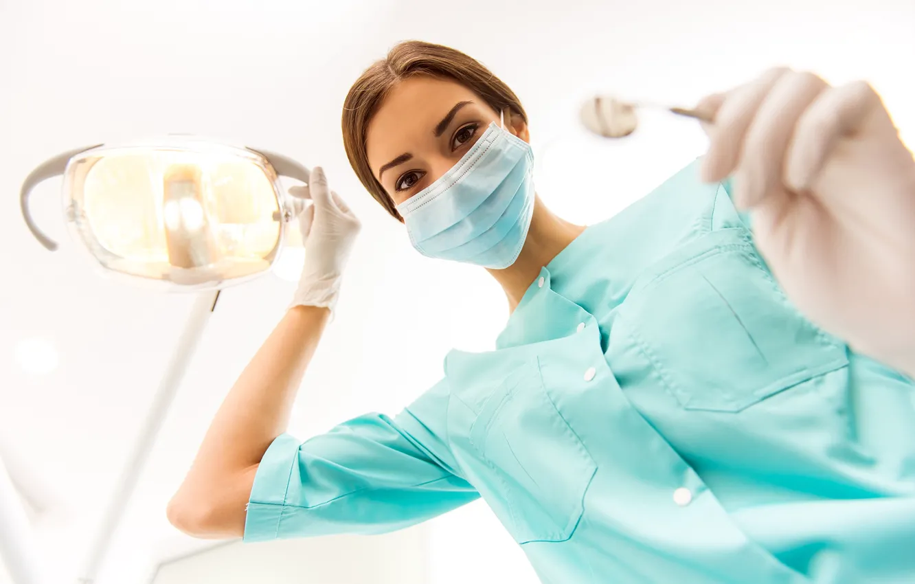 Фото обои woman, instruments, chinstrap, dentist, hygiene