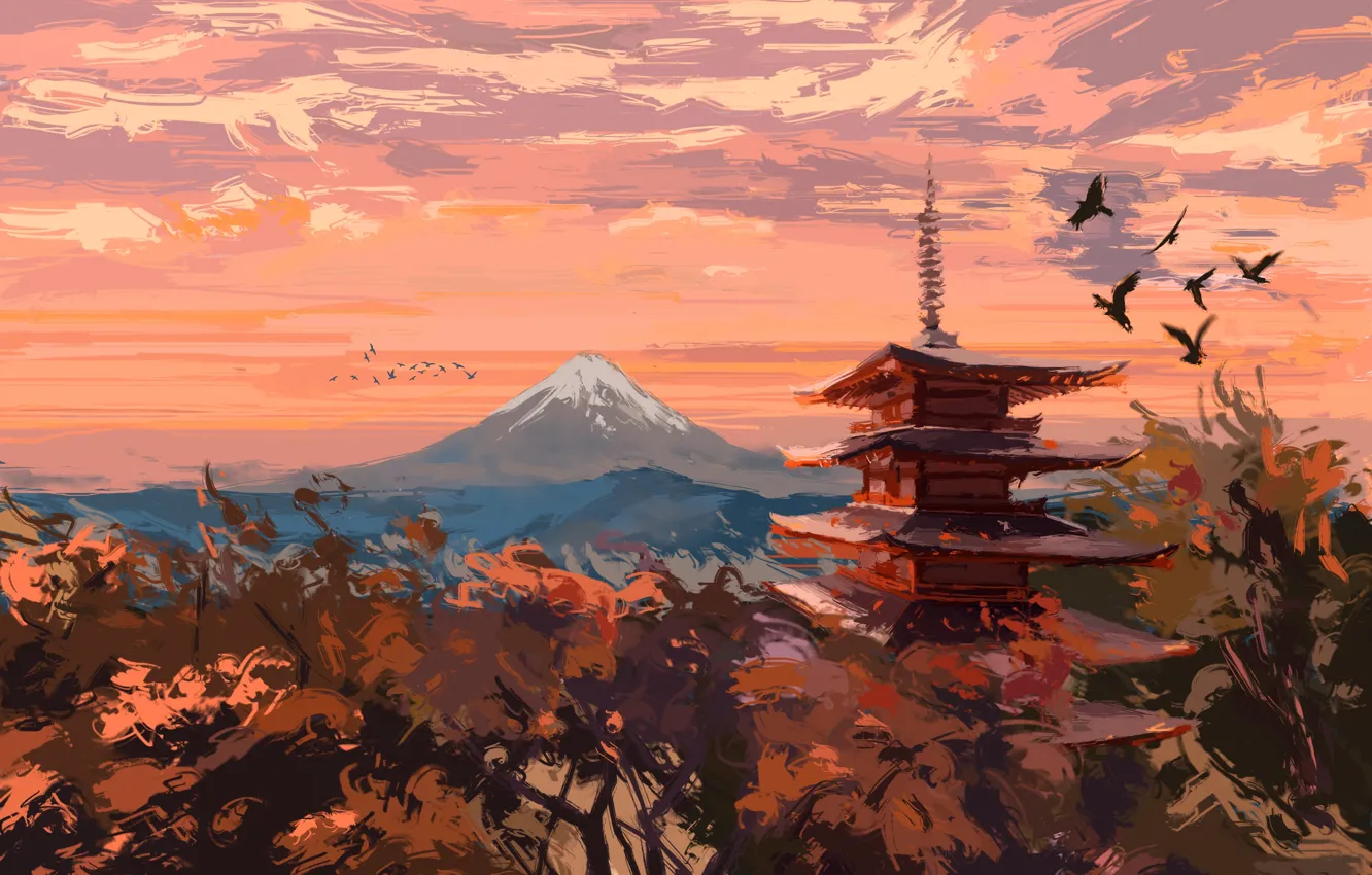 Фото обои осень, деревья, птицы, пагода, Фудзияма