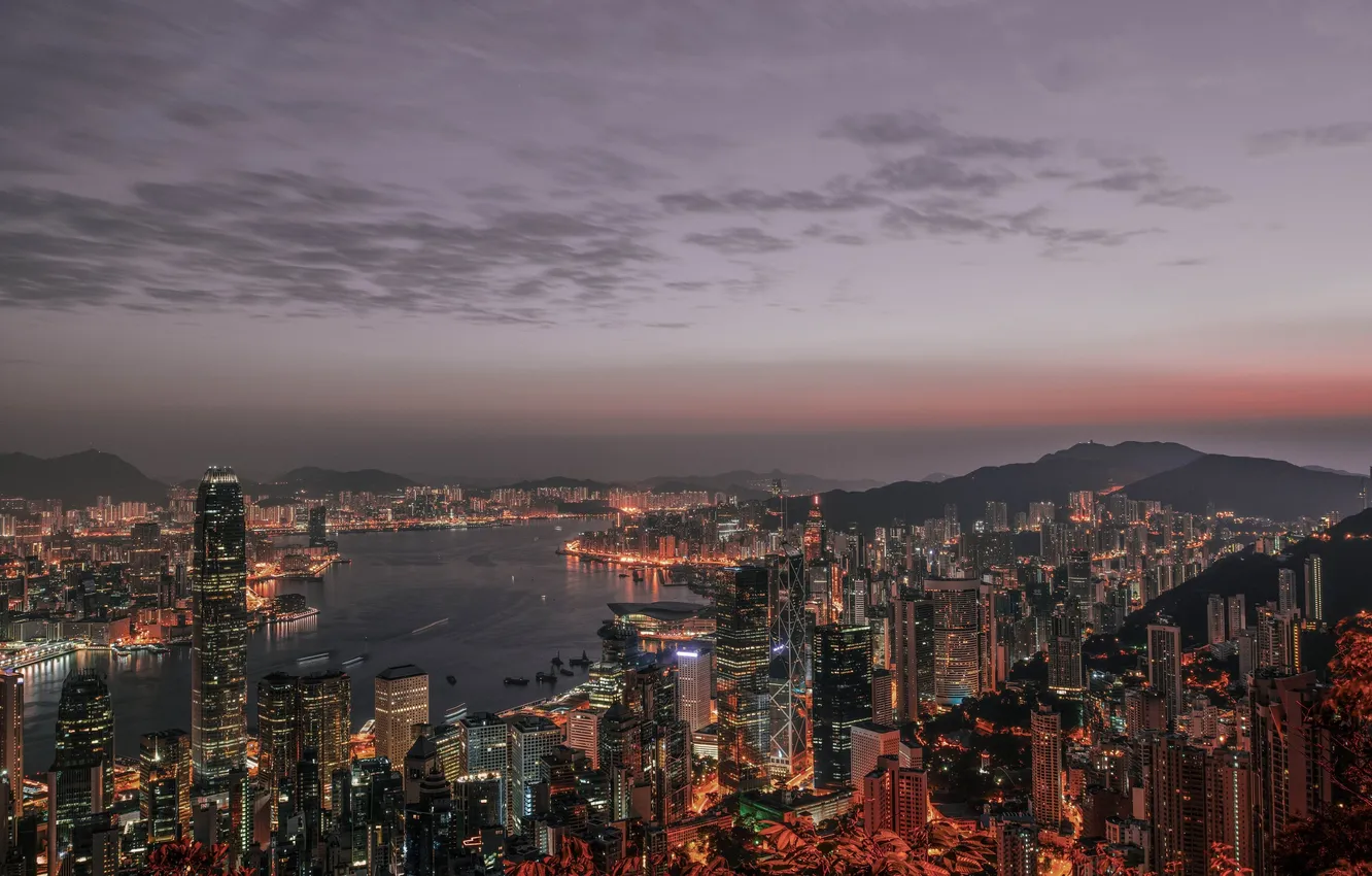Фото обои закат, город, Гонконг, вечер, Китай, Азия, Hong Kong