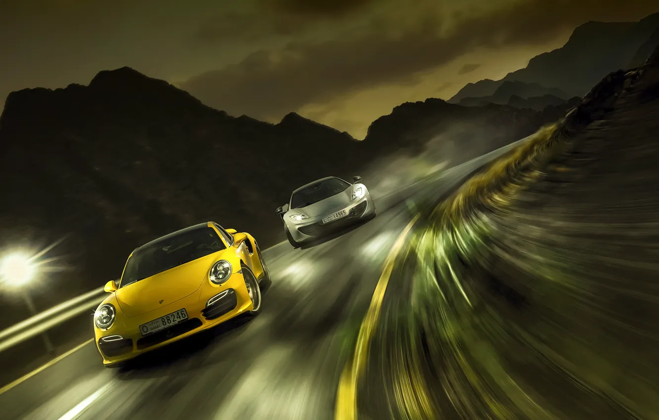Фото обои гонка, скорость, Porsche 911 turbo, mclaren mp4-12 spyder