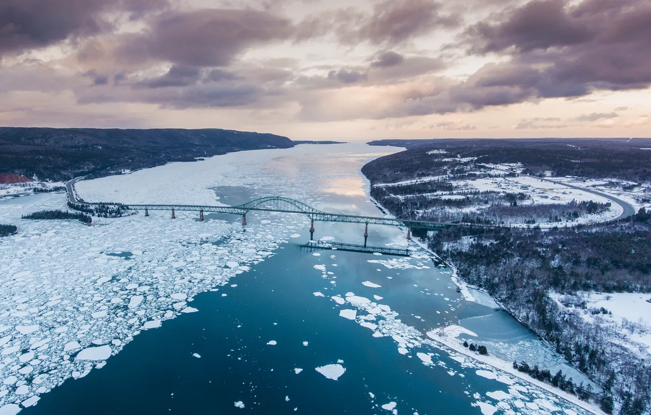 Фото обои мост, лёд, Канада, панорама, канал, Canada, Nova Scotia, Новая Шотландия