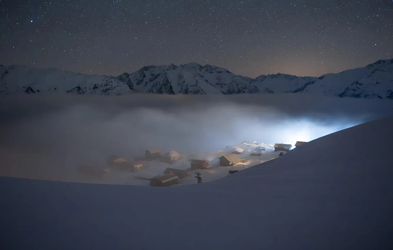 Фото обои Снег, Snow, Арктика, Arctic, Starry Sky, Звездное Небо, Полярная Ночь, Winter Mountains