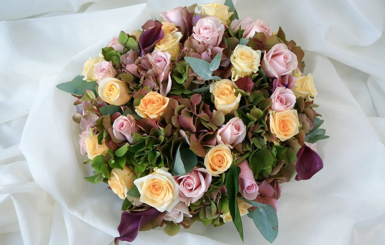 Фото обои цветы, розы, букет, желтые, розовые, композиция