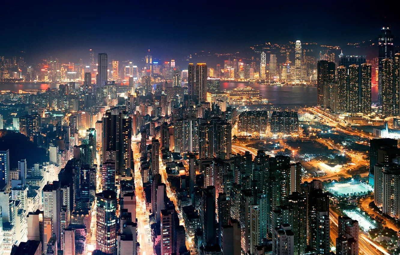 Фото обои China, Китай, Hong Kong, Гон-Конг, огни ночного города, вид с высоты