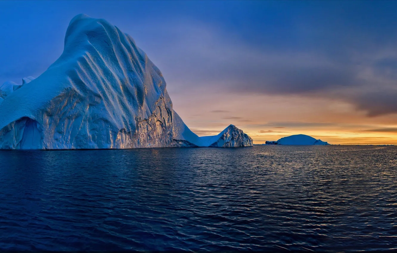 Фото обои море, закат, айсберг, Гренландия