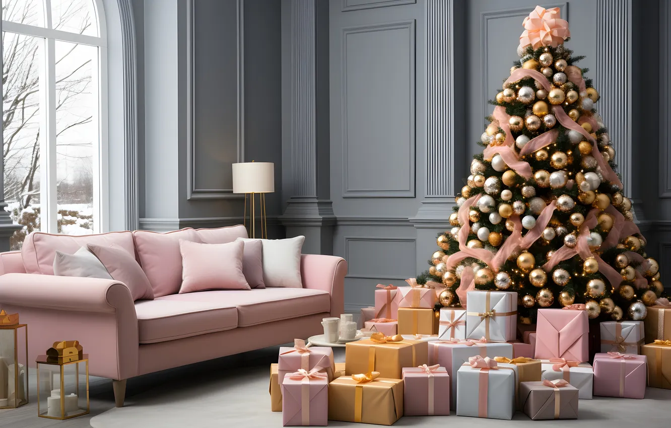 Фото обои комната, елка, интерьер, Рождество, Новый год, Christmas, view, tree
