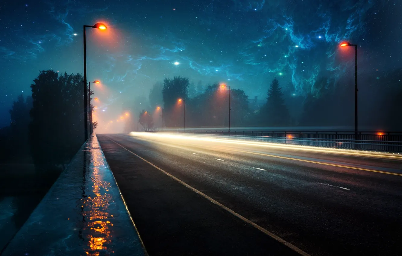 Фото обои дорога, космос, свет, пейзаж, lights, дождь, вечер, space