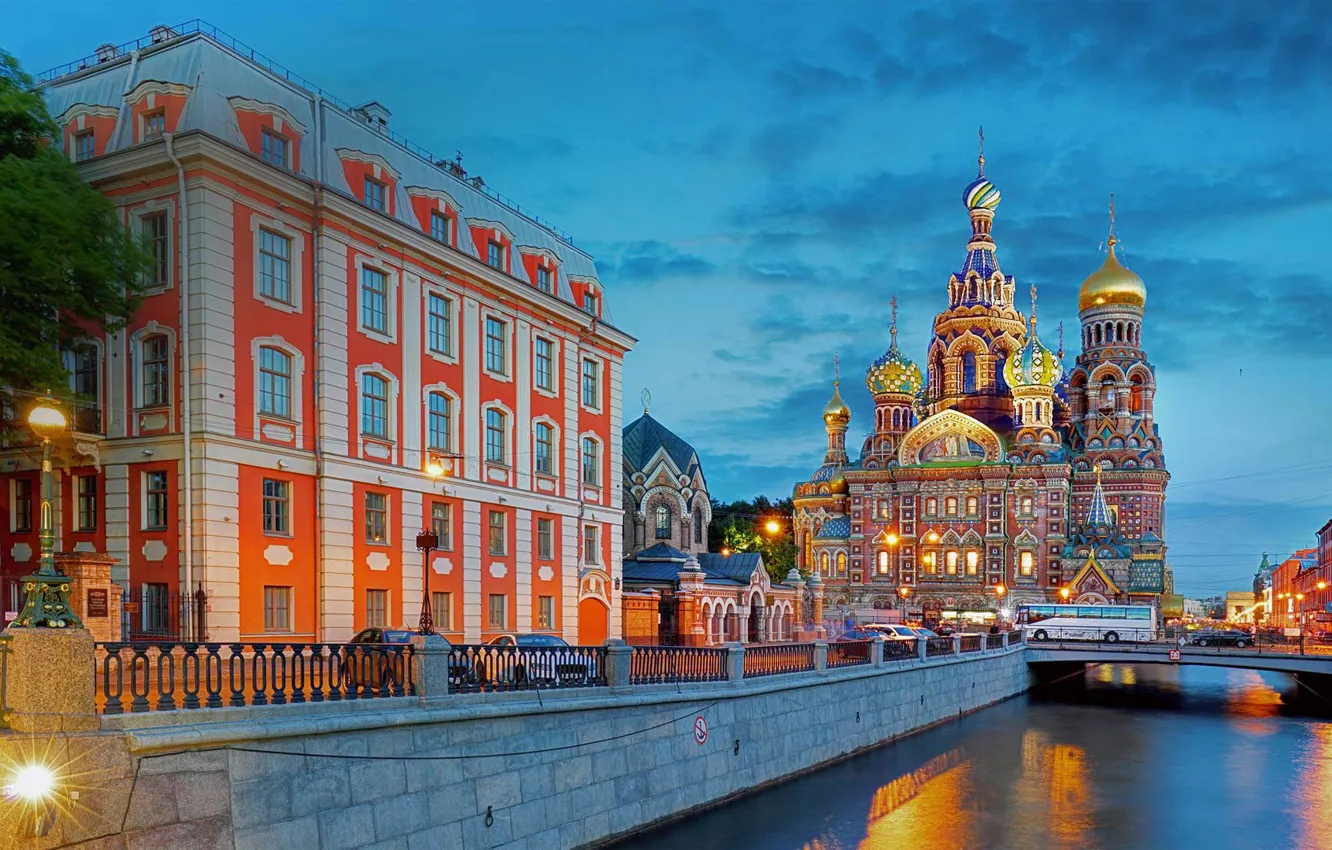 Фото обои город, здания, вечер, Питер, освещение, фонари, Санкт-Петербург, собор