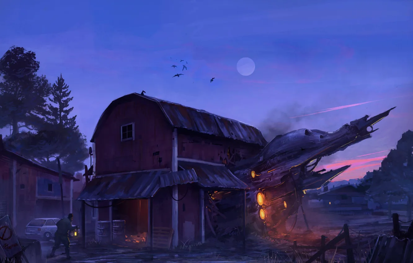 Фото обои moon, house, fantasy, trees, night, science fiction, machine, birds
