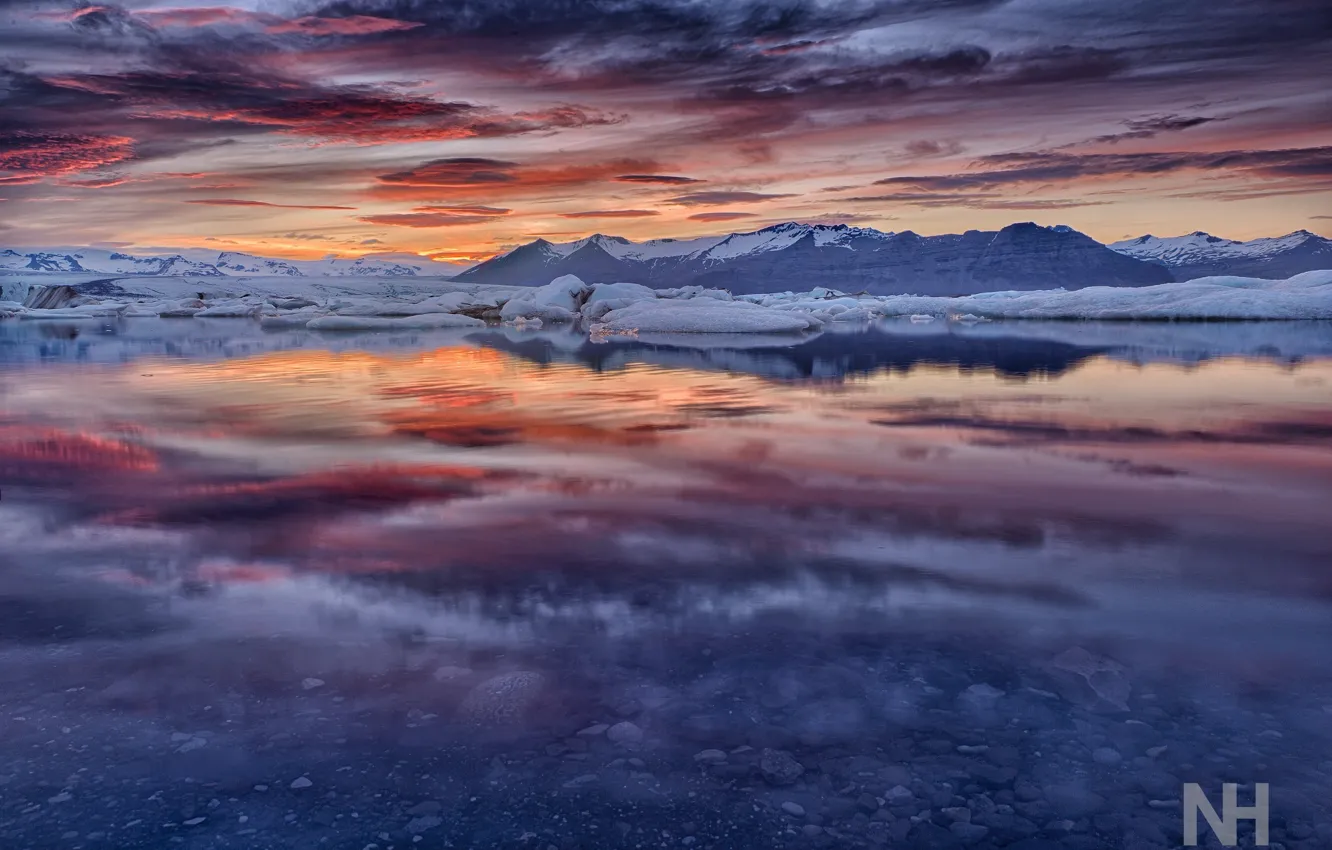 Фото обои закат, горы, океан, ледник