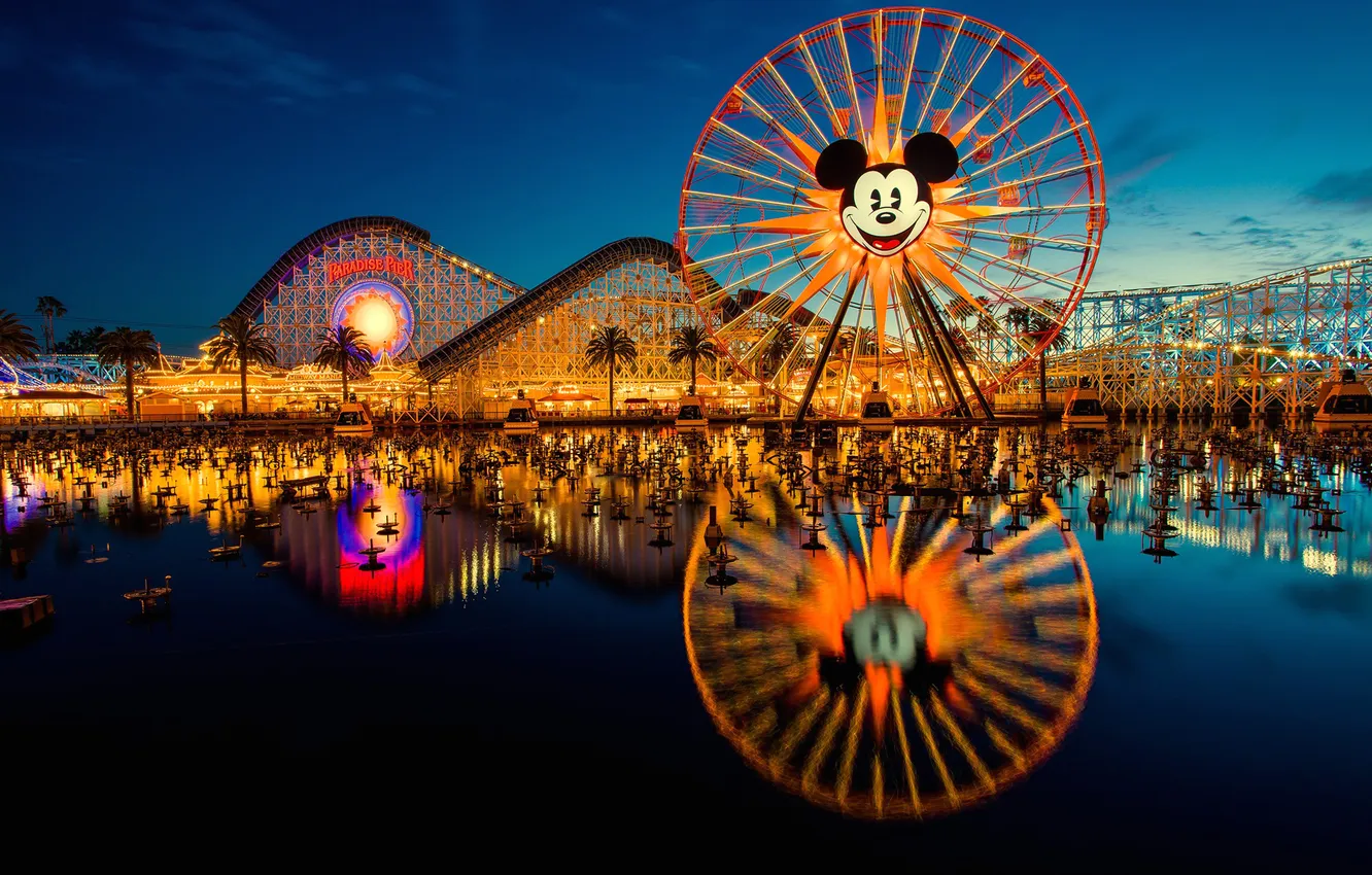 Фото обои ночь, парк, колесо, аттракционы, горки, Disneyland