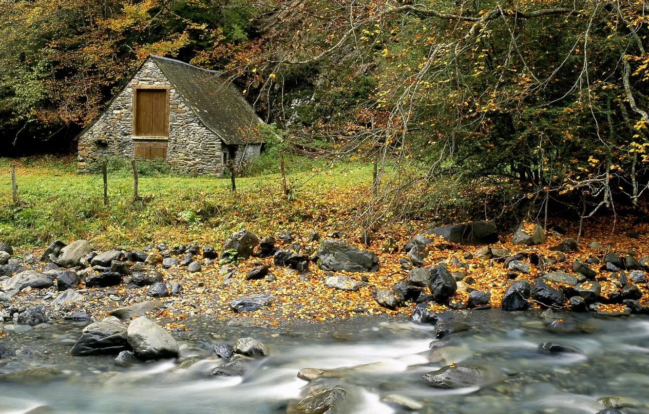 Фото обои осень, лес, листья, река, ручей, камни, Природа, домик
