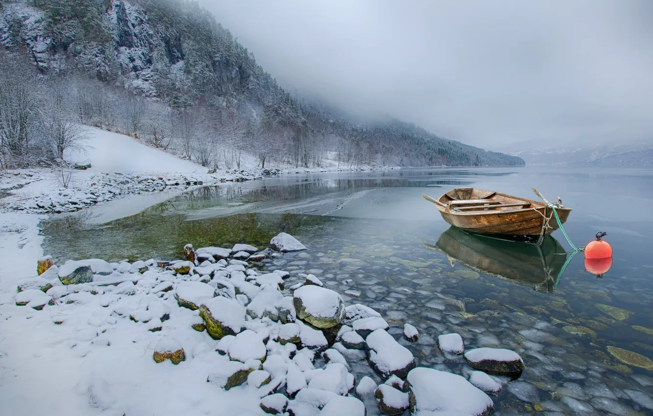 Фото обои снег, горы, камни, берег, лодка