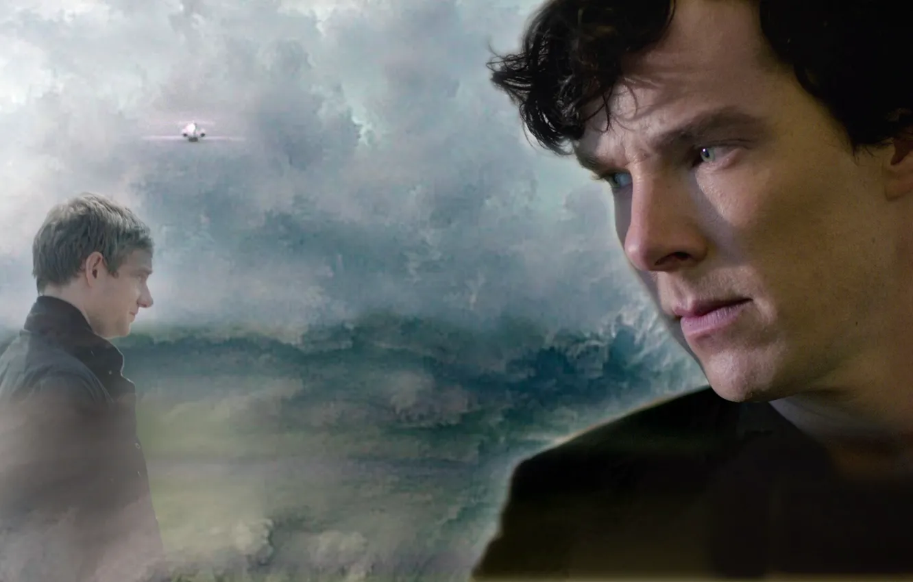 Фото обои грусть, коллаж, самолёт, Шерлок Холмс, Мартин Фриман, Бенедикт Камбербэтч, Benedict Cumberbatch, Sherlock