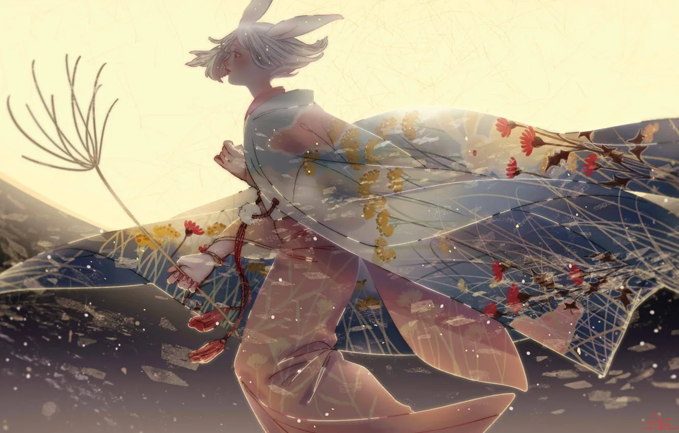 Фото обои девушка, цветы, ночь, луна, кимоно, бежит, кроличьи ушки