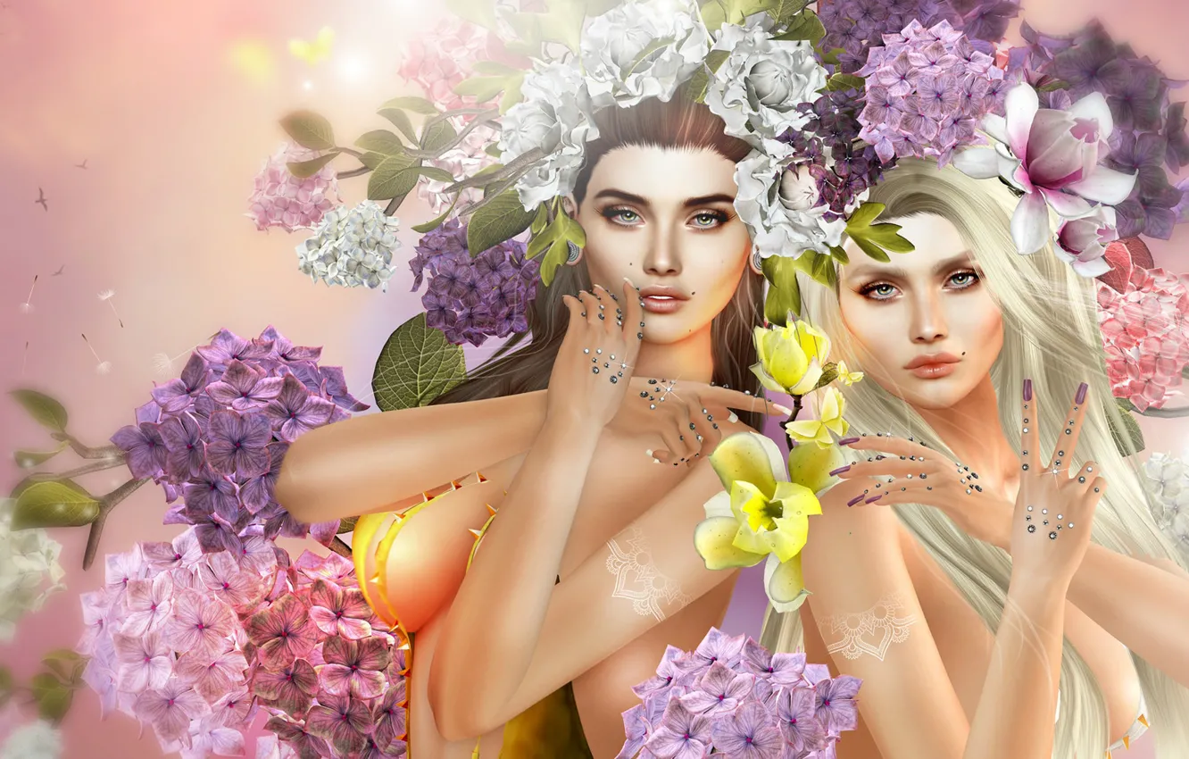 Фото обои цветы, девушки, арт, две девушки, гортензия
