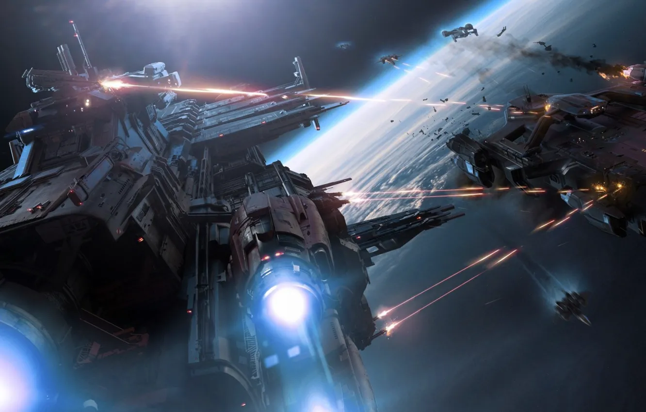 Фото обои корабль, планета, орбита