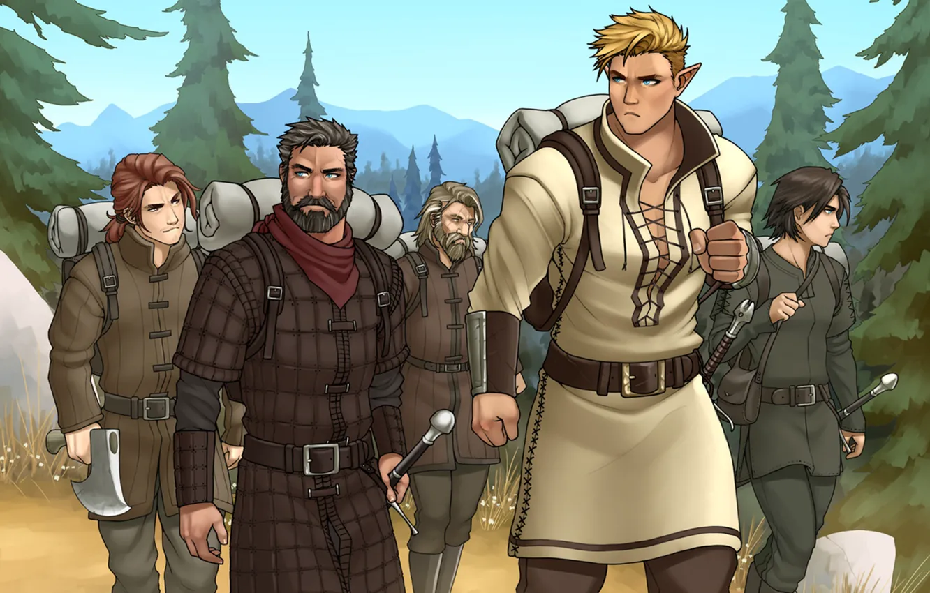 Фото обои лес, эльф, меч, мужчина, борода, рюкзак, поход, отряд