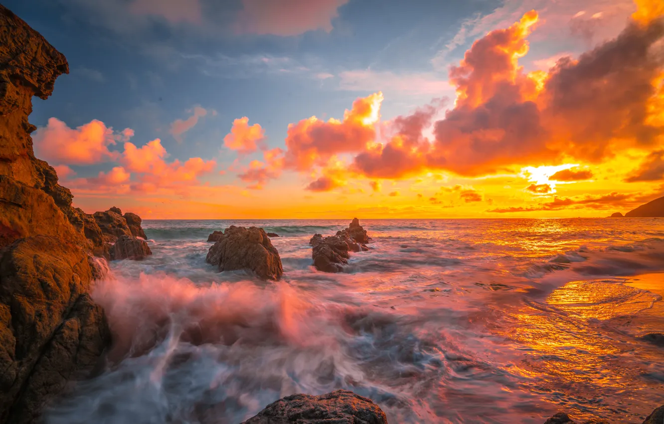 Фото обои закат, океан, скалы, Калифорния, Pacific Ocean, California, Тихий океан, Малибу